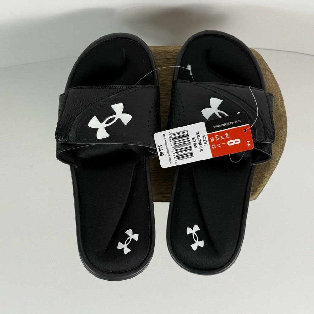 Under Armour Ignite VI Slides Men’s 8 Foam Cushion Adjustable Sandals Black NEW